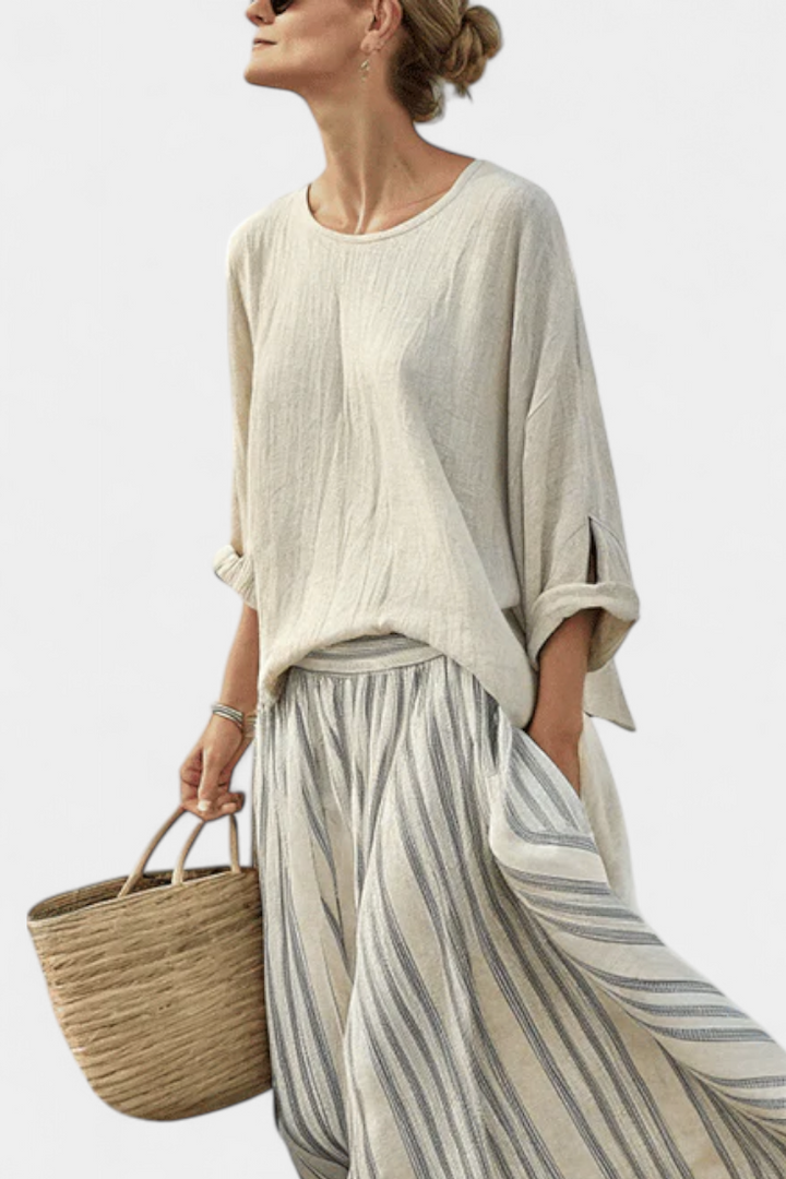Eva Elegantní Komplet Oversize Halenka-Sukně Lněný