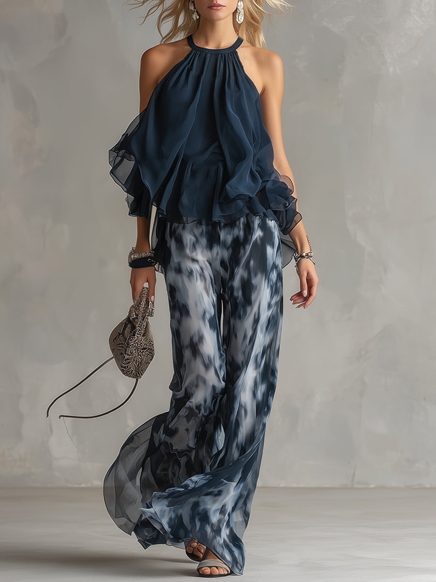 Adéla™ | Elegantní lehký set s tekutým topem a širokými kalhoty